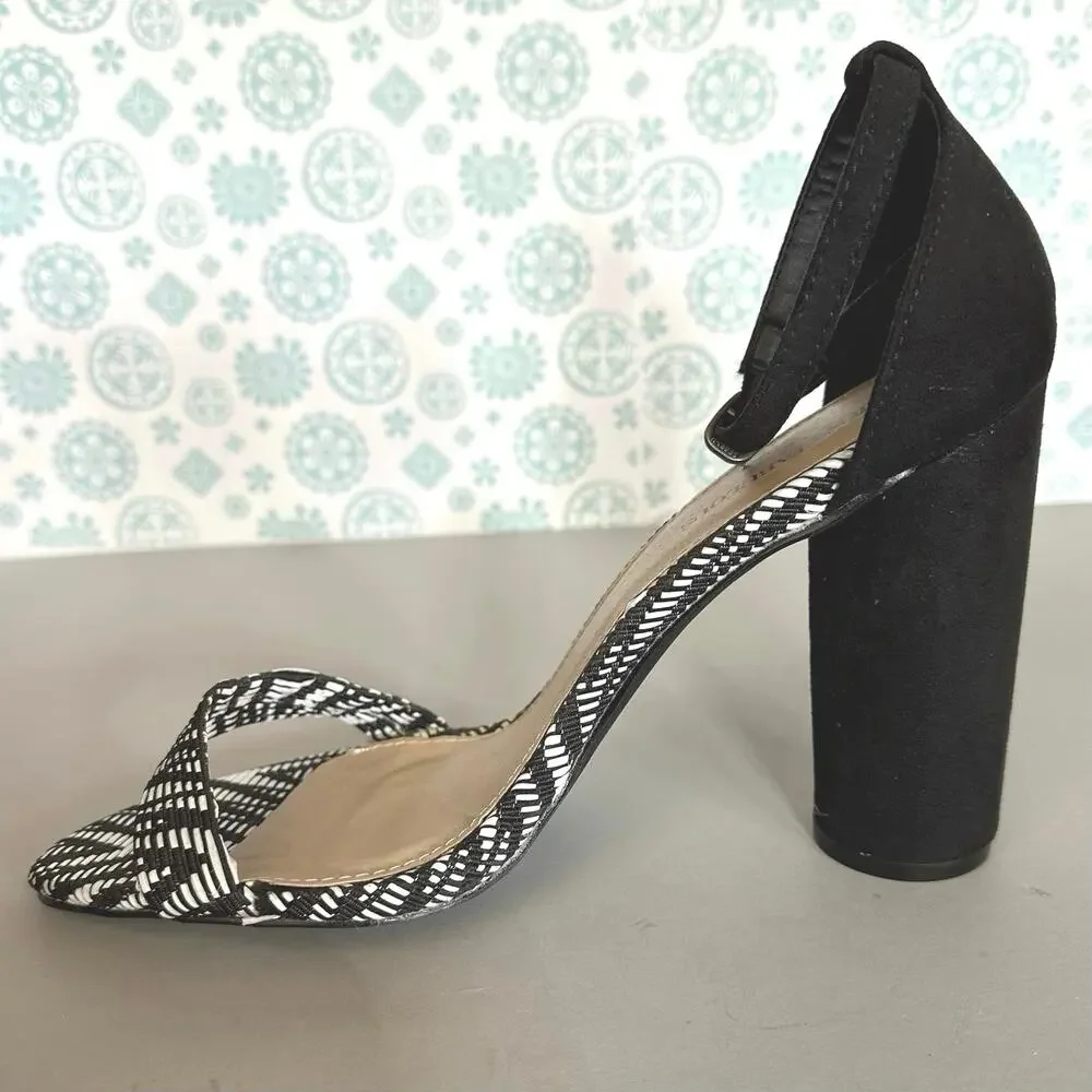JustFab Womens Black White Woven Block Heel Ankle Strap Sandals Open Toe 10 - Picture 8 of 12
